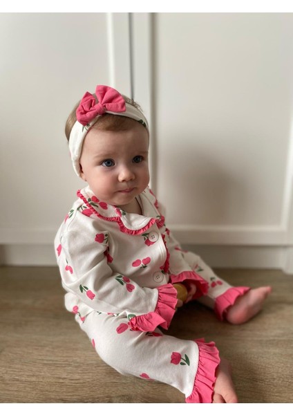 Lale Temalı Bebe Yakalı Pamuk Fırfır Detaylı Bandanalı 3'lü Pijama Takım