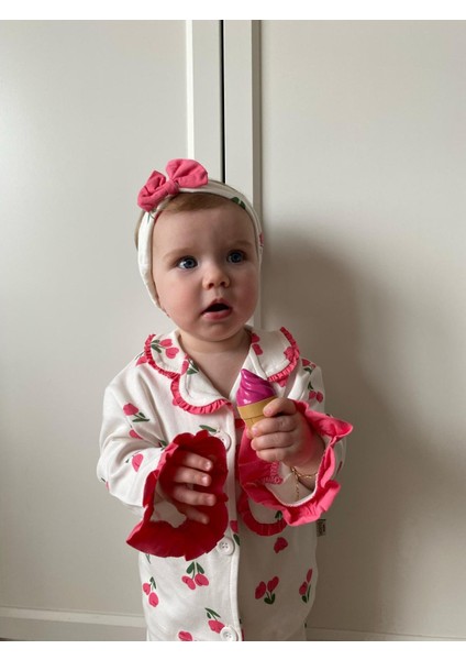 Lale Temalı Bebe Yakalı Pamuk Fırfır Detaylı Bandanalı 3'lü Pijama Takım