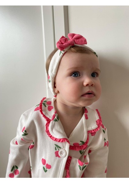Lale Temalı Bebe Yakalı Pamuk Fırfır Detaylı Bandanalı 3'lü Pijama Takım