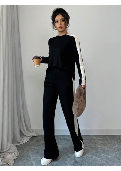 Beyaz Şeritli Kaliteli Compact Salaş Bisiklet Yaka Uzun Kollu Pantolon Takım