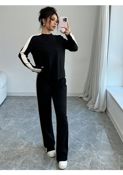 Beyaz Şeritli Kaliteli Compact Salaş Bisiklet Yaka Uzun Kollu Pantolon Takım fırsatları