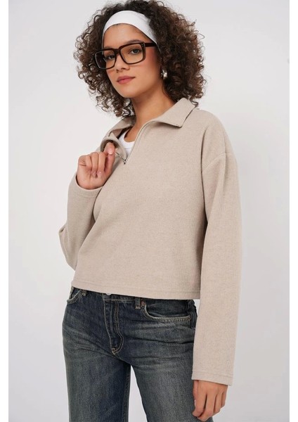 55449 Fermuarlı Yaka Örme Sweatshirt - Krem