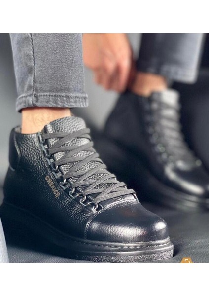 Bağcıklı Deri Erkek Sneaker Bot Siyah