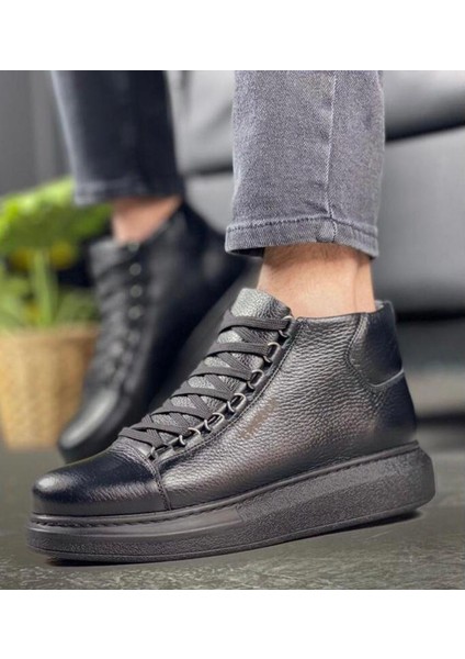 Bağcıklı Deri Erkek Sneaker Bot Siyah