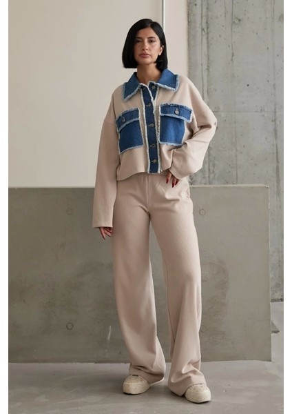 Bej Denim Garnili Gömlek ve Pantolon Takım