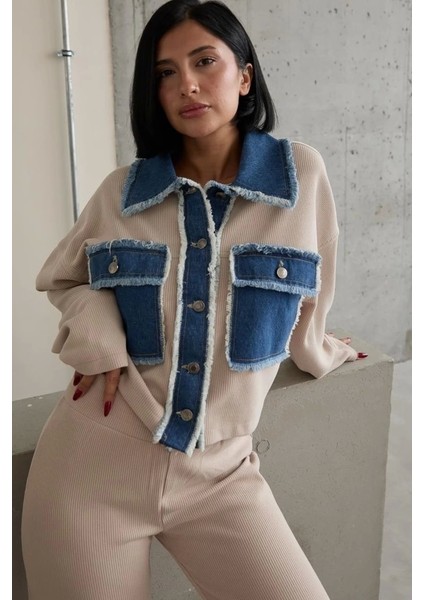 Bej Denim Garnili Gömlek ve Pantolon Takım