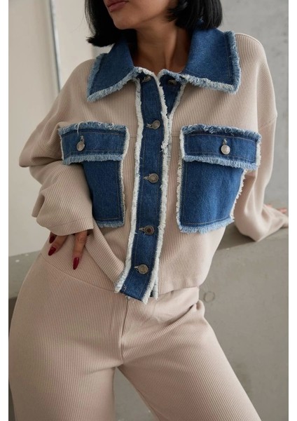 Bej Denim Garnili Gömlek ve Pantolon Takım