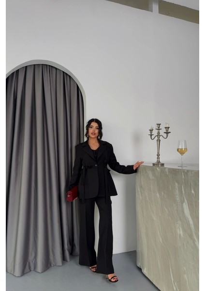 Yanları Kuşak Detaylı Ceket -Yelek - Pantolon Takım - Siyah