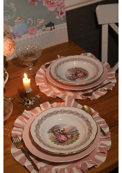 Supla Amerikan Servis Çizgili Fırfırlı Vintage Pembe 2 Adet Duck Keten