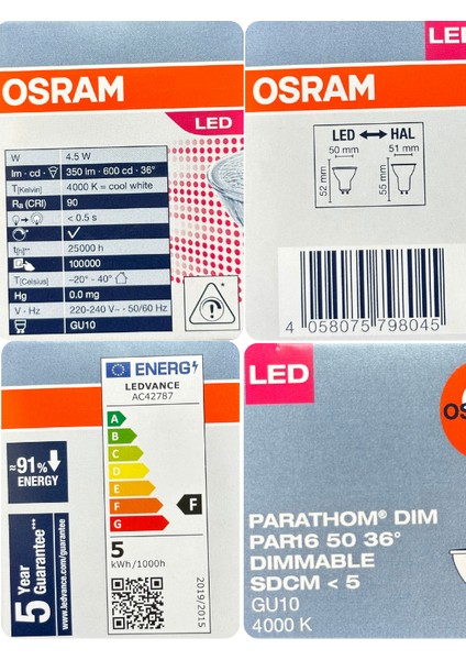 (1 adet) Ledvance 4,5W (50W) 4000K (Gün Işığı) Dim Edilebilir GU10 DUYLU LED Spot Ampul