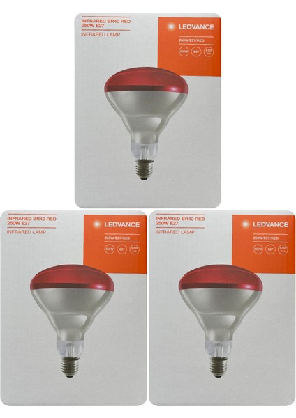(3 adet) Ledvance 250W Kızılötesi (Infrared) Isıtıcılı Hayvan Isıtma ve Fizik Tedavi Lambası (Kırmızı Işık) E27 (Kalın Duy)