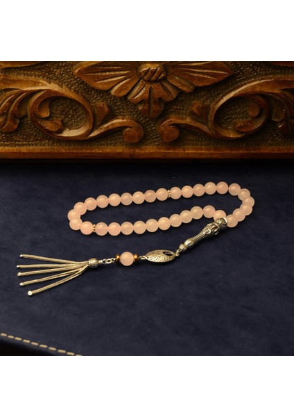 Gümüş Imame Gümüş Püskül Küre Kesim 8.x8 mm Doğal Gül Kuvars Taşı Tesbih