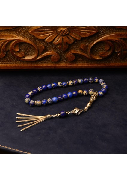 Gümüş Imame Gümüş Püskül Küre Kesim 8x8 mm Doğal Lapis Lazuli Taşı Tesbih