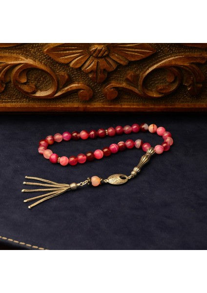 Gümüş Imame Gümüş Püskül Küre Kesim 8x8 mm Doğal Pembe Kuvars Taşı Tesbih