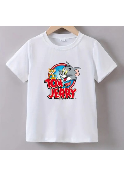 Kaliteli Pamuk Penye Unisex Erkek Kız Çocuk Baskılı Tshirt 5 6 7 8 9 10 11 12 13 14 Yaş Tom Jerry