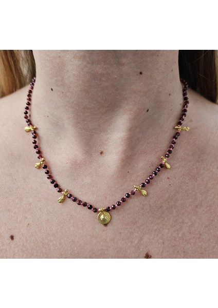 El Yapımı Garnet (Lal Taşı) Kolye - 925 Ayar Gümüş Altın Kaplama Charm'lar