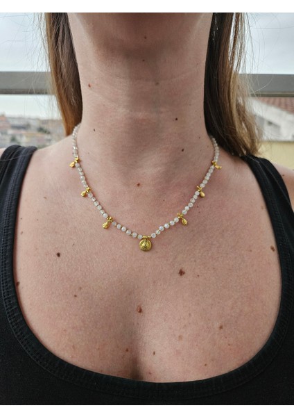 El Yapımı Ay Taşı Kolye - 925 Ayar Gümüş Altın Kaplama Charm Detaylı modelleri