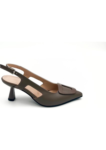 Hakiki Deri Vizon Renk 6cm Topuklu Slingback Ayakkabı