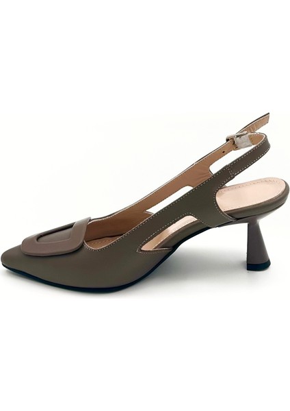 Hakiki Deri Vizon Renk 6cm Topuklu Slingback Ayakkabı