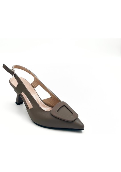 Hakiki Deri Vizon Renk 6cm Topuklu Slingback Ayakkabı