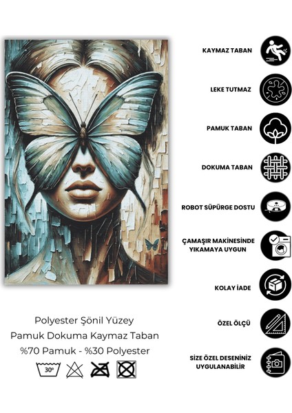 Sürreal Kelebek Desenli ve Kadın Desenli Moder Desenli Halı Oturma Salon Halısı