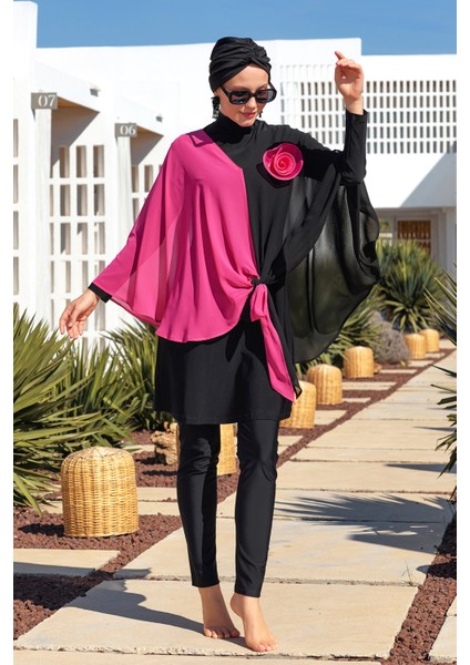 3'lü Pareolu Likralı Tam Kapalı Tesettür Mayo Elfie 1127 Siyah