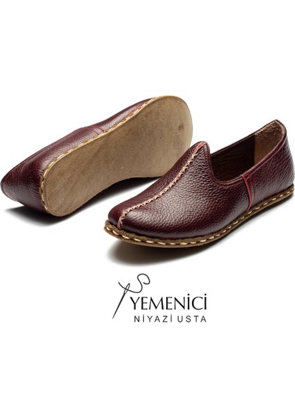 Kadın Hakiki Deri El Yapımı Bordo Yemeni - Geleneksel & Rahat Günlük Ayakkabı - YNK3002-37 fırsatları