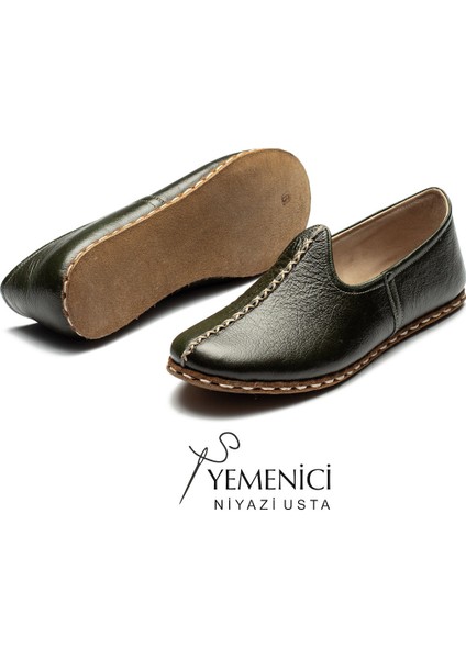 Kadın Hakiki Deri El Yapımı Ceviz Yeşili Yemeni - Geleneksel & Rahat Günlük Ayakkabı - YNK3004-41 fırsatları