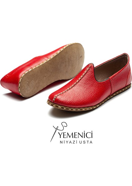 Kadın Hakiki Deri El Yapımı Kırmızı Yemeni - Geleneksel & Rahat Günlük Ayakkabı - YNK3005-36 fırsatları