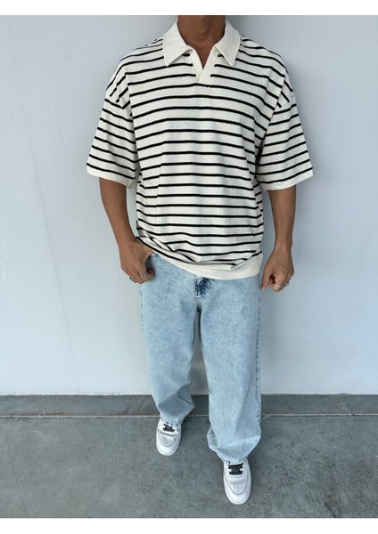 Çizgili Garnili Siyah Polo Yaka Oversize Triko T-Shirt fiyatları