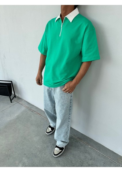 Fermuarlı Garnili Yeşil Polo Yaka T-Shirt