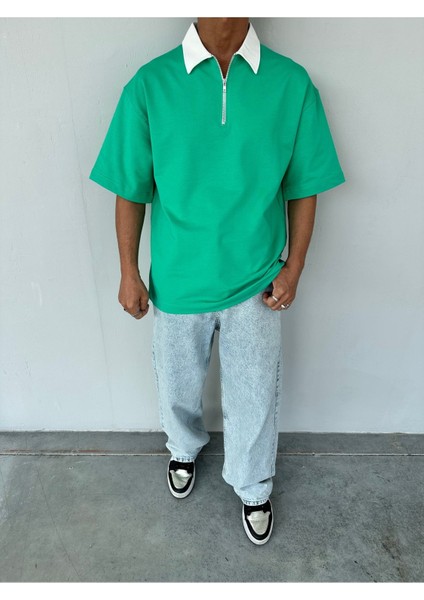 Fermuarlı Garnili Yeşil Polo Yaka T-Shirt fiyatları