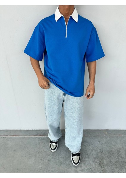 Fermuarlı Garnili Mavi Polo Yaka T-Shirt fiyatları
