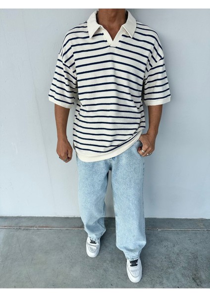 Çizgili Garnili Lacivert Polo Yaka Oversize Triko T-Shirt fiyatları