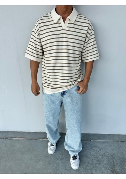 Çizgili Garnili Kahverengi Polo Yaka Oversize Triko T-Shirt