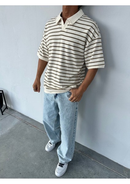 Çizgili Garnili Kahverengi Polo Yaka Oversize Triko T-Shirt fiyatları