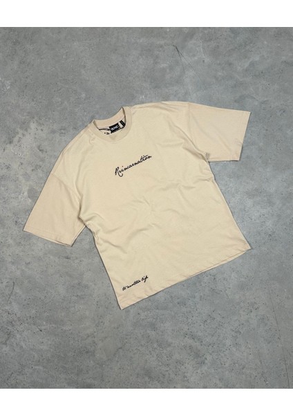 Reincarnation Baskılı Bej Oversize T-Shirt