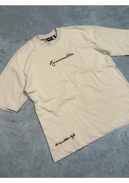 Reincarnation Baskılı Bej Oversize T-Shirt