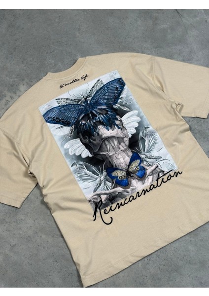 Reincarnation Baskılı Bej Oversize T-Shirt