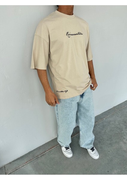Reincarnation Baskılı Bej Oversize T-Shirt