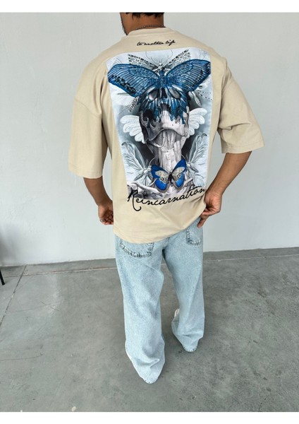 Reincarnation Baskılı Bej Oversize T-Shirt