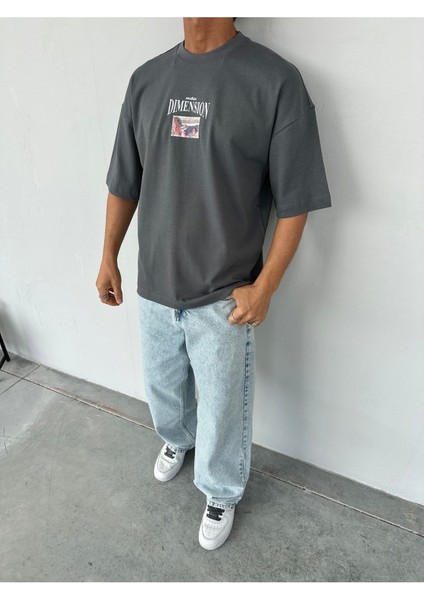 Dimension Baskılı Füme Oversize T-Shirt