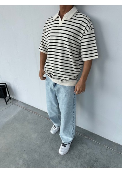 Çizgili Garnili Siyah Polo Yaka Oversize Triko T-Shirt