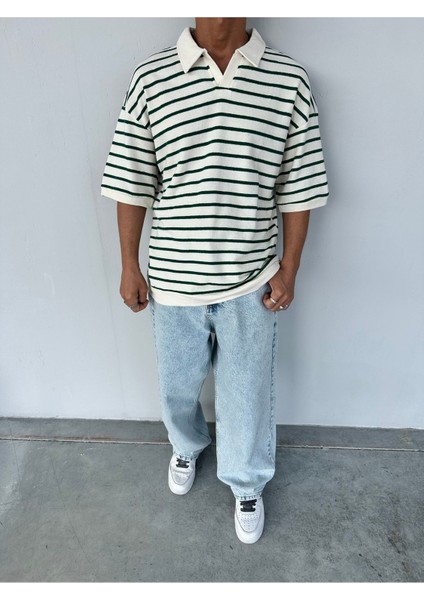 Çizgili Garnili Yeşil Polo Yaka Oversize Triko T-Shirt