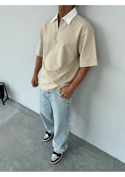 Fermuarlı Garnili Bej Polo Yaka T-Shirt