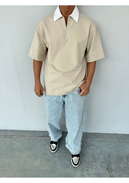 Fermuarlı Garnili Bej Polo Yaka T-Shirt fiyatları