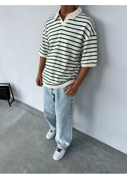 Çizgili Garnili Yeşil Polo Yaka Oversize Triko T-Shirt fiyatları