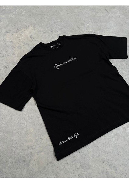 Reincarnation Baskılı Siyah Oversize T-Shirt