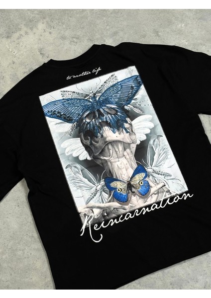 Reincarnation Baskılı Siyah Oversize T-Shirt