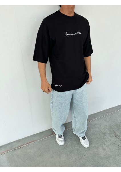 Reincarnation Baskılı Siyah Oversize T-Shirt